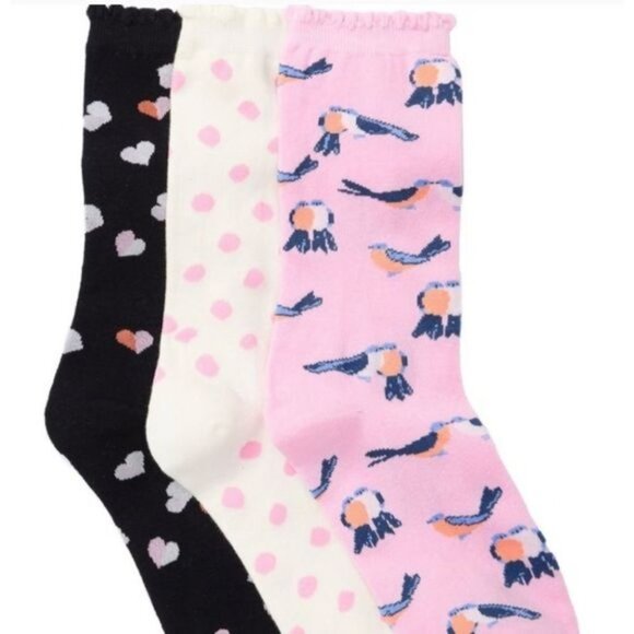 Kate Spade 3 Pack Crew Socks Hearts Birds Dots